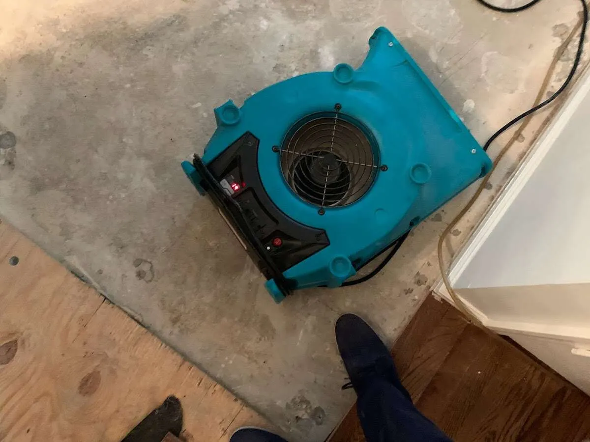 Air mover drying subfloor during Leak Detection & Repair in Winchester